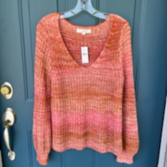 LOFT SPACEDYE KNIT V NECK SWEATER SIZE MEDIUM NWT PINK ORANGE  PASTELS - Picture 4 of 15